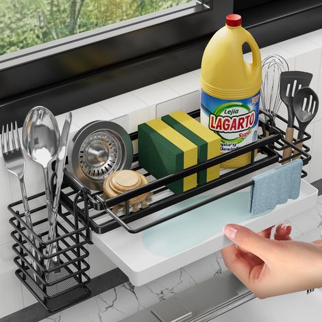 Organisateur d'évier de cuisine étroit avec bac d'égouttement et supports, mural sans perçage, autocollant pour accessoires de cuisine (1/5)