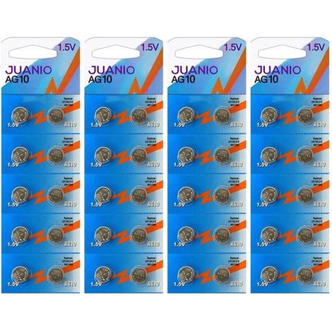 Lot de 40 Piles bouton plates type AG10 compatibles LR1130 / LR54 / G10 1,5V - Juanio - (1/2)
