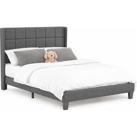 Lit double rembourré 140x200 cm avec tête de lit haute, sommier à lattes, matelas à ressorts ensachés H3, gris, pieds noirs - CHICFURN (1/5)
