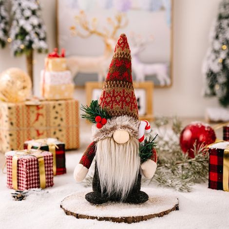 Weihnachtsstrickmuster: Gesichtslose Koboldpuppe, Tannenzweig- und Beerendekoration, Puppe für Fenster, Schreibtisch, Geschenk, Plüschornament