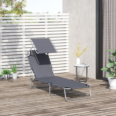 Chaises longues pliantes pour jardins et plages, avec auvent, dossiers réglables en 4 positions et une capacité de charge jusqu'à 120 kg. Disponibles en 6 couleurs (gris). (1/5)