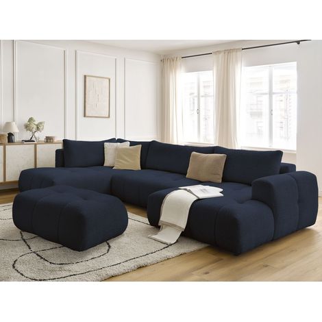 BOBOCHIC - Canapé panoramique convertible FUJI tissu bouclette avec pouf Angle droit Bleu foncé (1/5)