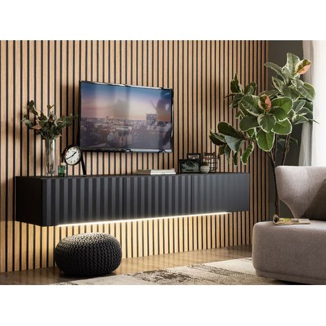 TV-Möbel Fossa, ein Regalboden, 3 Türen, 3 Fächer, 192x42x32h cm Schwarz (1/5)