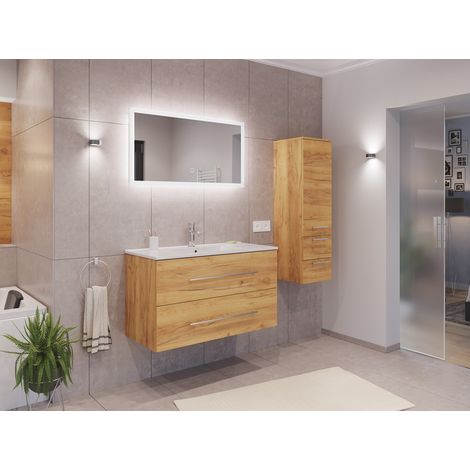 Badmöbel Set Firenze 100 3tlg. LED Spiegel und Seitenschrank eiche gold