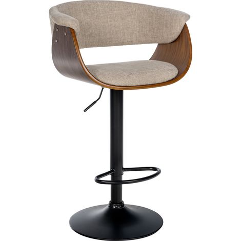 Sgabello bar dal design moderno, seduta regolabile in altezza e girevole in tessuto panna, scocca in legno e metallo nero 100005455