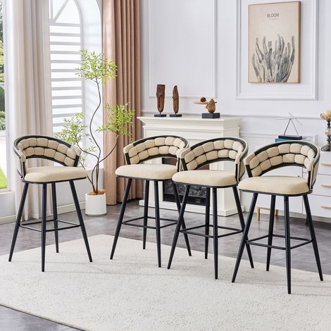 Ensemble de 4 tabourets de bar en velours beige avec pieds en fer noir, chaises de comptoir de cuisine modernes (1/5)