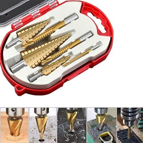 Jeu de 6 forets étagés HSS titane – mèches coniques en acier rapide 4-12 / 20 / 32 mm et 3 / 6 / 8 mm, foret fraise pour métal, plastique, aluminium et tôle – (1/5)