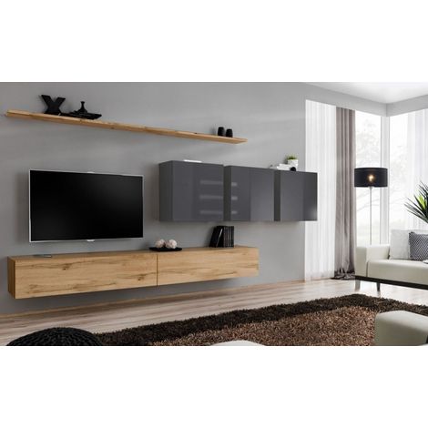 Ensemble mural - Switch VII - 3 vitrines carrées - 2 bancs TV - 2 étagères - Bois et graphite - Modèle 1 - Livraison gratuite