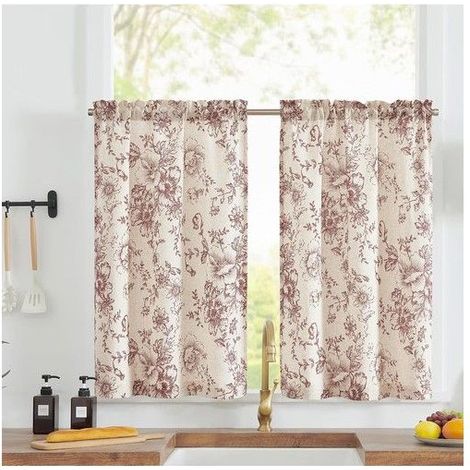 Rideaux courts en lin floral - Motif floral oriental - Rouge brique sur beige - Style café - Dimensions 66x91 cm (1/5)