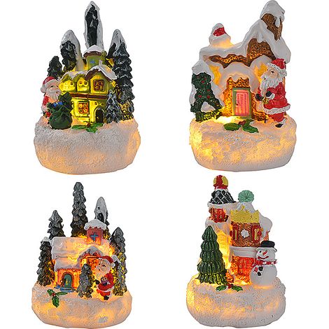 (Set mit 4 Modellen) Lebkuchenhaus aus Kunstharz, Weihnachtsmann, Schneemann, Miniatur-Landschaftsornament aus Kunstharz, Weihnachtsdekoration (Grünes Haus + Rotes Haus + Braunes Haus + Mehrfarbiges H (1/2)