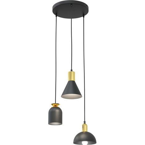 Lampadario 3 Luci Fox Base Tonda In Acciaio Nero E Paralumi Forme Varie Nero Oro