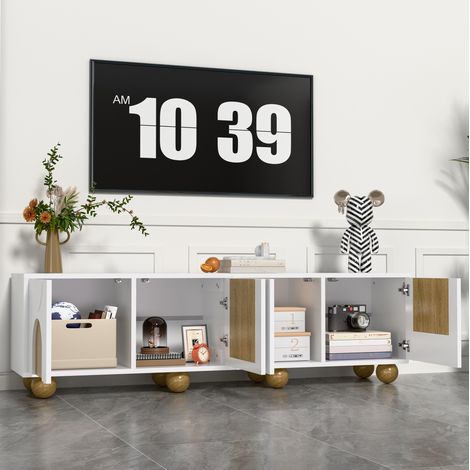 Mobile TV 175x38x50 cm bianco e naturale in MDF con 4 ante e ampio spazio contenitivo (1/5)