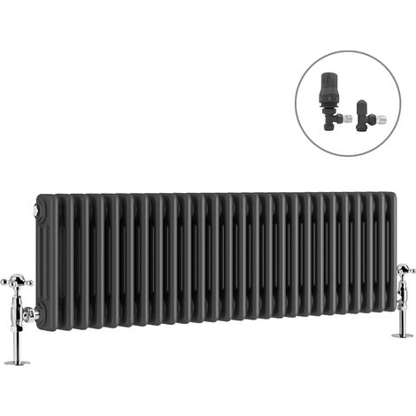 Traditional Radiator Anthracite Cast Iron Style Rads with Angled Thermostatic Valves Horizontal 3 Column 300x1192mm (1/4)