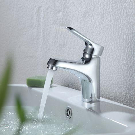 Mitigeur Lavabo Bec Bas, Argent, Robinet de Salle de Bain Complet avec Outils et Accessoires D'installation, Robinet Lave-Mains pour Évier, Corps (1/5)