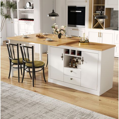 Barra de bar extensible (120-180 x 40 x 76 cm), multifunción, con almacenaje, MDF, natural y blanco (1/5)