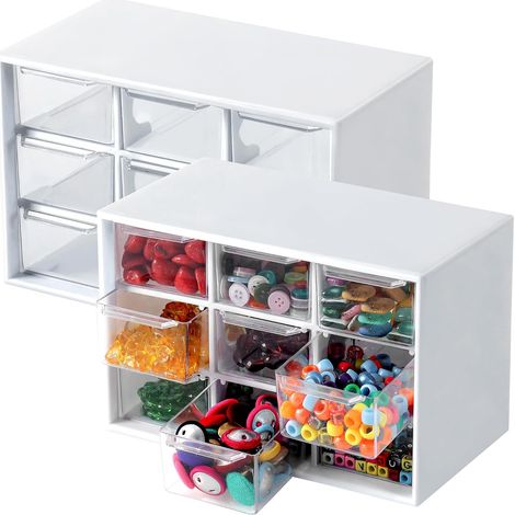 Lot de 2 armoires de rangement blanches avec 9 tiroirs transparents (20x10,2x12,3 cm) – Organisateurs compacts pour bijoux, fournitures de bureau et fournitures de loisirs (1/5)