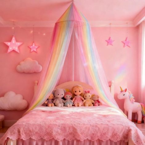 Colcha rosa para niños, de tela transpirable, lavable, con mosquitera colgante, para viajes, el hogar, interiores y exteriores (1/5)