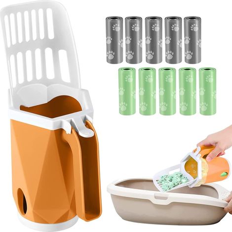 Cat Litter Scoop with Container, Portable Large Capacity Litter Scoop, Cat Scoop with 10 Rolls Garbage Bags, for Cleaning Cat Litter Box (Yellow) (1/5)