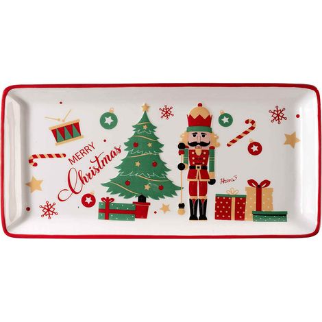Piatti a vassoio per alimenti di Natale in ceramica lucida con decori soldatino schiaccianoci in rilievo, set da 2 pezzi, cm 29,5 x 14 H