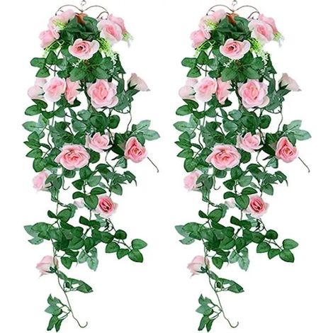 Plantes suspendues artificielles - Faux Soie Rose Fleurs Suspendus Guirlande Rotin Ivy Vigne pour la Décoration 2pc -Rose (1/4)