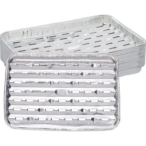 Relaxdays Barquettes alimentaires, Lot de 25, fond troué, max. 260°C, barbecue, L x P : 34 x 22 cm, aluminium, argenté (1/5)