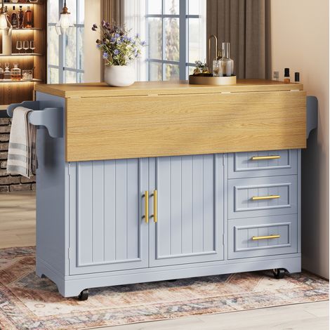 Isla de cocina móvil 120x40x95 cm en MDF y metal azul gris, con almacenaje – MEUBLIV (1/5)