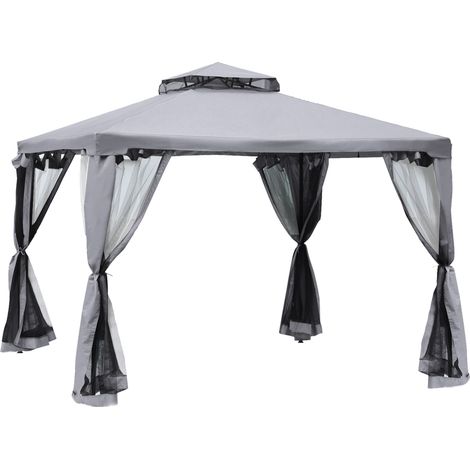 Gazebo da giardino 3 x 3 m con 4 pareti laterali in metallo e poliestere grigio chiaro (1/5)