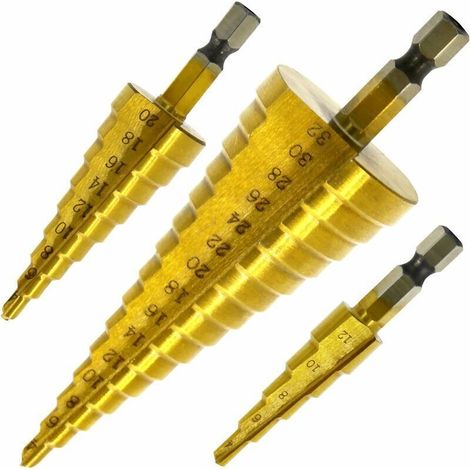 Coffret de forets pour perceuse Set de 3 Foret Fraise Meche Etage, HSS Inox Metal, 4-12/20/32mm, Triangle Conique Titane, avec Tige Hexagone, Pour Visseuse Percage sur Acier, Laiton, Bois, Plastique L (1/4)