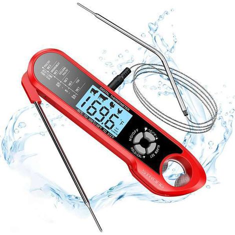 Thermomètre Cuisine,avec Double Sonde & Fil Long LCD Thermomètre Cuisson électronique à Lecture Instantanée,pour la Cuisson dans Les Cuisines,Barbecue,Liquide,Steak,Huile,Lait (Rouge)
