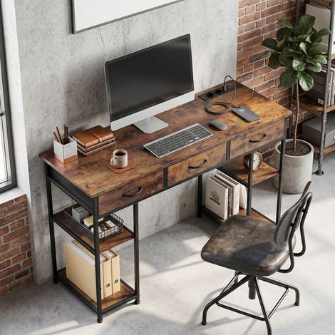 Bureau avec prises courant, 3 tiroirs tissu 4 étagères. 120x40x76 cm marron, connecté et pratique pour un bureau moderne et bien équipé. (1/5)