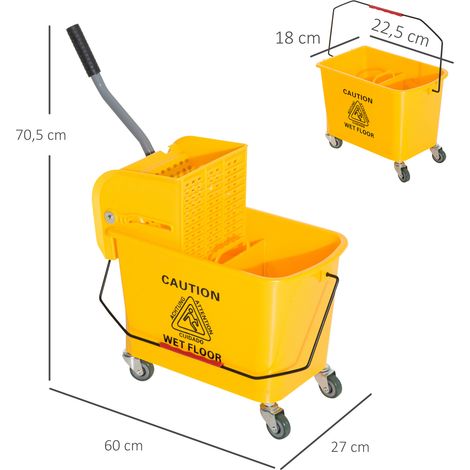Seau à serpillière de 20 L avec essoreuse et poignée, monté sur roulettes, en plastique jaune (1/5)