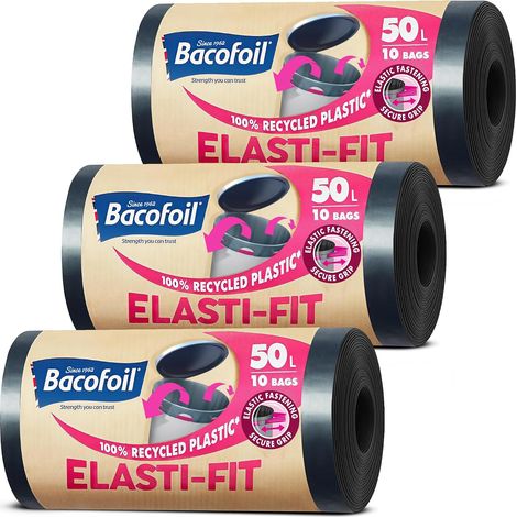 Lot de 3 sacs poubelle élastiques de 50 l - 10 sacs sur un rouleau - 30 sacs au total (1/5)