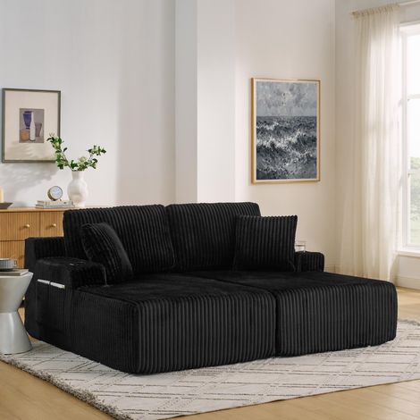 Canapé-lit/fauteuil 2 places inclinable, en velours côtelé doux, avec poche latérale pour magazines, porte-gobelet et coussins, idéal pour le salon, la salle de jeux, le bureau, la chambre d'amis et l (1/5)