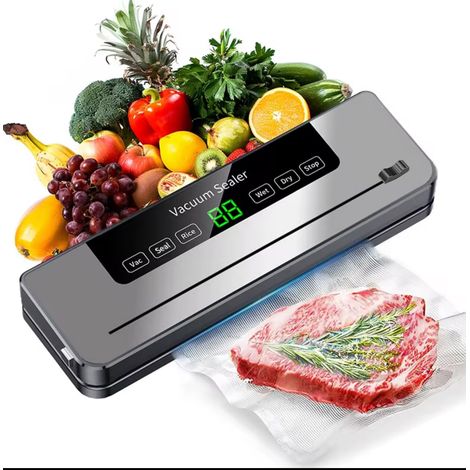 Sigillatrice sottovuoto per alimenti  Sistema di sigillatura automatico con modalità secco e umido, funzionamento one-touch e 30 sacchetti inclusi. Mantiene carne, verdure e avanzi freschi più a lungo