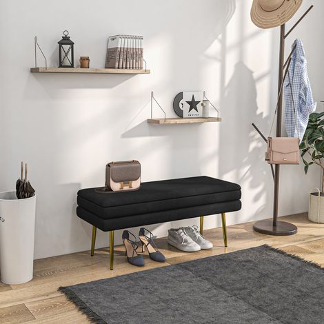 Banc banquette coffre de rangement 2 en 1 assise aspect velours et pieds acier - 100 x 37.5 x 42 cm noir et doré