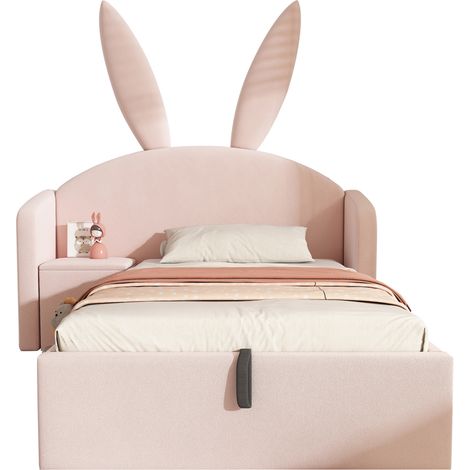 Lit enfant rembourré 90x200 cm rose avec oreilles de lapin, coffre de rangement et table de chevet amovible, velours (sans matelas) (1/5)