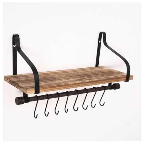 Étagères murales pour cuisine Organisateur de cuisine en bois rustique avec rail en bois et 8 crochets amovibles pour organiser les ustensiles de cuisine