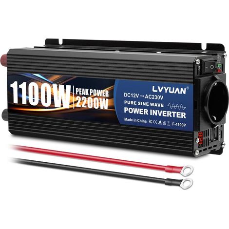 1100W Convertisseur 12V à 220V Onduleur Inverter 2200W peak Convertisseur de courant à onde sinusoïdale pure avec écran LED, prise UE et 2 ports USB (1/5)