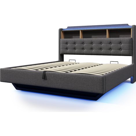 Cama capitoné 180 x 200 cm con LED, almacenaje hidráulico, USB-C, tejido lino, HOMVRA (1/5)