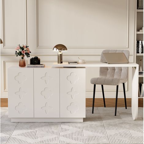 Scrivania ad angolo girevole 110 cm, con mobile contenitore, pieghevole, MDF bianco (1/5)