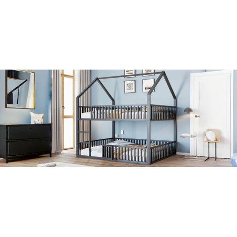 Kinder-Etagenbett, Metall-Doppelbett, Kinder-Familienbett, Etagenbett mit Treppe, Loft-Design, Unteres Bett mit kleiner Tür zum Öffnen und Schließen
