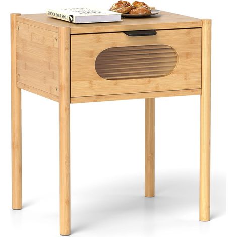 COSTWAY Comodino Camera da Letto in Bambù, Comodino con Cassetto in Vetro Temperato e Maniglia, Tavolino da Letto Piccolo con Gambe Rialzate per Soggiorno, Cameretta e Spazi Ridotti, Naturale (1/5)