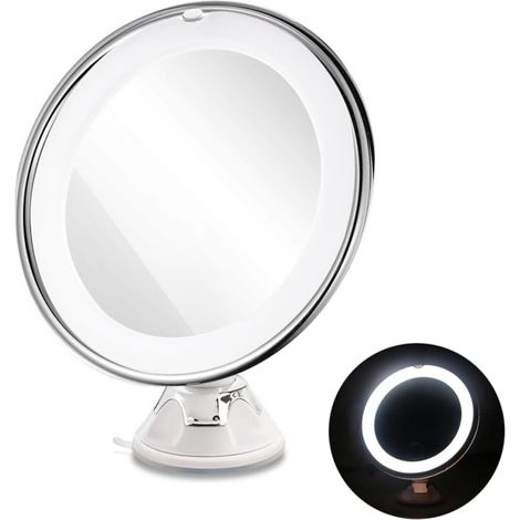 Miroir De Maquillage Grossissant LED 10x Rond 20 Cm Blanc avec Ventouse pour Salle De Bain Retouche Cosmétique (1/5)