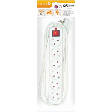 Garza Basic Power - Regleta Base múltiple con 6 tomas, interruptor y protección sobretensión Blanco 1.5mmX3m
