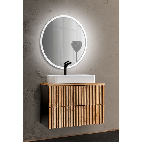 Waschplatz Set mit Waschtisch 80 cm XANTEN-56 in anthrazit mit Eiche Nb. schwarz gerillt, B/H/T: 80,6/200/46,5 cm (1/5)