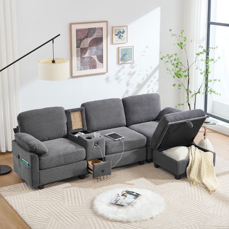 Modulares Sofa, dunkelgrauer Cordbezug, Komfortpolsterung aus Memory-Schaum, mobile Konsole und integrierter Stauraum, abnehmbarer Aufbewahrungshocker, 266 x 136 x 82 cm