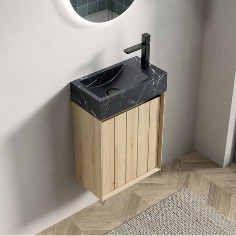Mobile bagno sospeso con lavabo integrato 40 x 22 x 48 cm, nero e rovere chiaro HAVRYA (1/5)