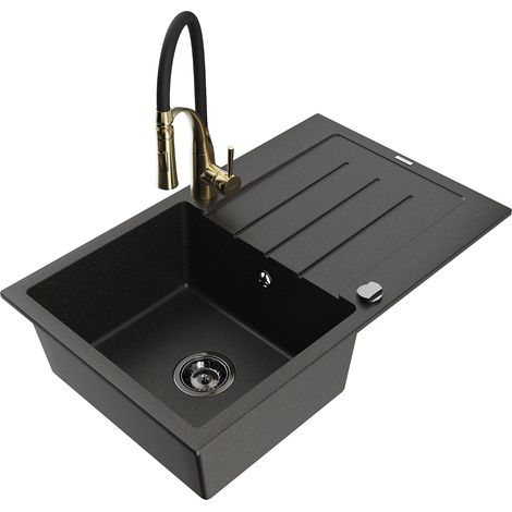 Mexen Bruno Einbauspüle aus Granit mit 1 Becken, Abtropffläche und Küchenarmatur Aster, schwarz/gold metallic (1/5)