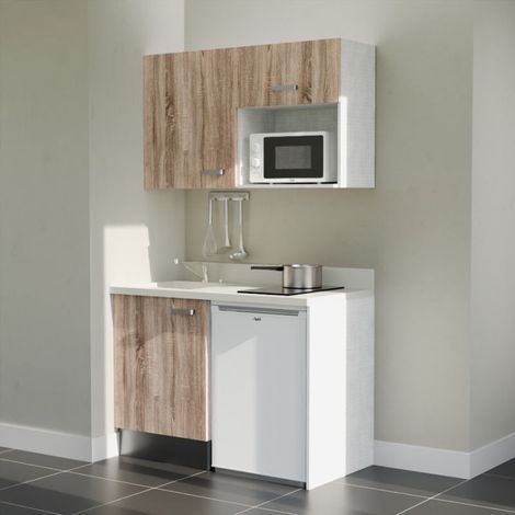 Kitchenette K07L - 120 cm - plan monobloc évier intégré Snova- évier à gauche - Façades Bois + Electroménager inclus coloris Blanc (1/5)