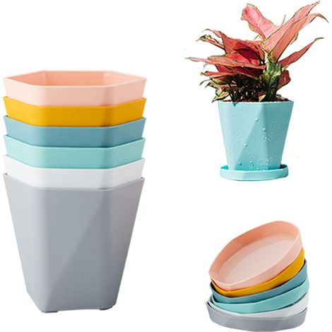 6 Pots de Fleurs en Plastique avec Soucoupes Épaisses pour Jardin Intérieur et Extérieur (1/5)